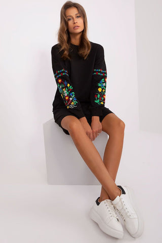 Rue Paris Floral Embroidered Sleeve Sweatshirt Dress With Pockets