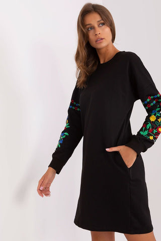 Rue Paris Floral Embroidered Sleeve Sweatshirt Dress With Pockets