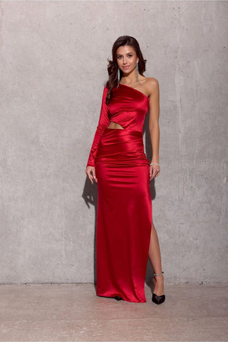 Roco Satin Cutout One Shoulder Maxi Dress