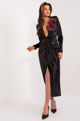 Lakerta Velour Flower Embellished Side Slit Plunge Evening Dress In Black - Hot Girl Apparel