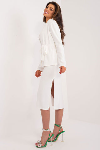 Lakerta Tie Waist Angora Sweater And Side Slit Midi Skirt Set In White - Hot Girl Apparel