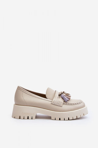 Step In Style Leather Tasseled Mocassin Loafers In Beige - Hot Girl Apparel