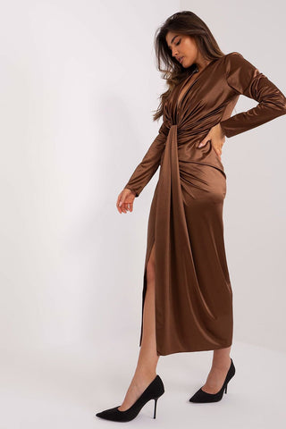 Lakerta Satin Plunge Side Slit Long Sleeve Evening Dress - Hot Girl Apparel