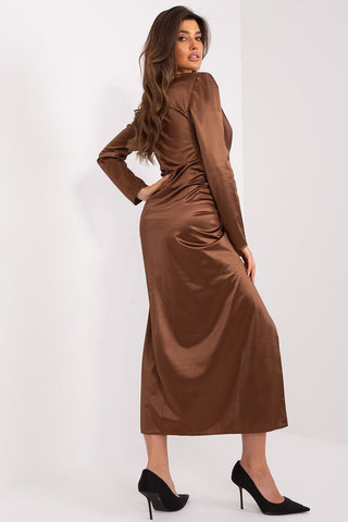 Lakerta Satin Plunge Side Slit Long Sleeve Evening Dress - Hot Girl Apparel