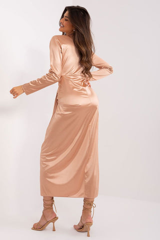 Lakerta Satin Plunge Side Slit Long Sleeve Evening Dress - Hot Girl Apparel