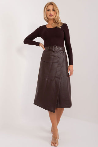 Factory Price Asymmetrical Faux Leather Belted Midi Skirt In Brown - Hot Girl Apparel