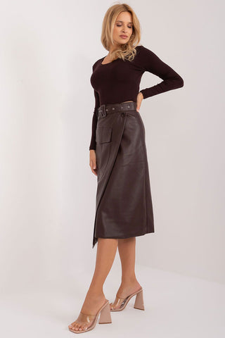 Factory Price Asymmetrical Faux Leather Belted Midi Skirt In Brown - Hot Girl Apparel