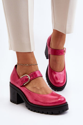 Step in Style Leather Chunky Heel Pumps In Rose
