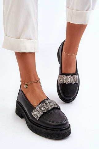 Step In Style Leather Rhinestone Accent Moccasin Loafers In Black - Hot Girl Apparel