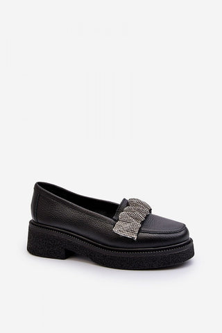 Step In Style Leather Rhinestone Accent Moccasin Loafers In Black - Hot Girl Apparel