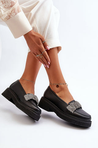 Step In Style Leather Rhinestone Accent Moccasin Loafers In Black - Hot Girl Apparel