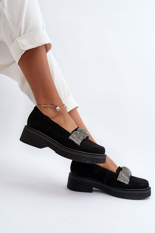 Step In Style Leather Rhinestone Accent Moccasin Loafers In Black - Hot Girl Apparel