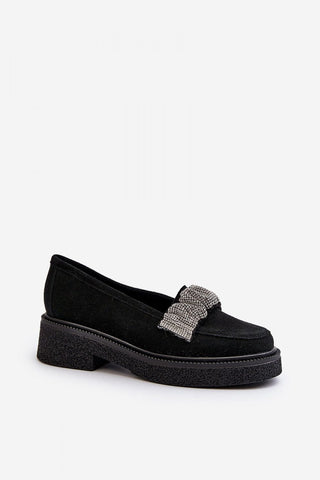 Step In Style Leather Rhinestone Accent Moccasin Loafers In Black - Hot Girl Apparel