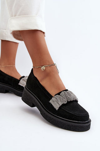 Step In Style Leather Rhinestone Accent Moccasin Loafers In Black - Hot Girl Apparel