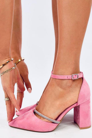 Inello Rhinestone Accent Chunky Heel Suede Pumps In Pink