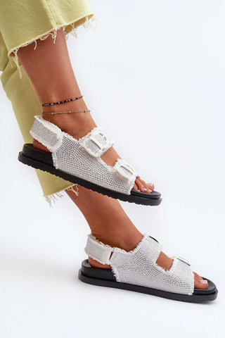 Step In Style Raw Hem Rhinestone Buckle Sandals - Hot Girl Apparel