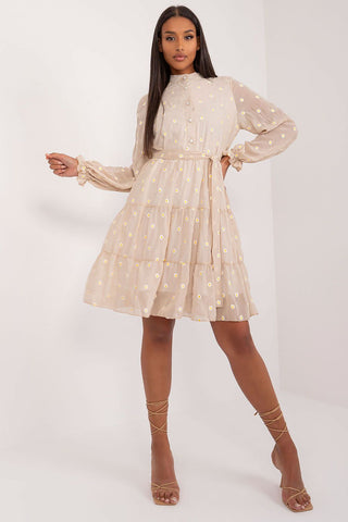 Lakerta Flower Embroidered Long Sleeve Ruffled Cotton Dress In Beige - Hot Girl Apparel