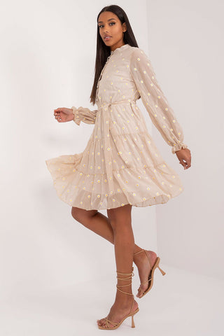 Lakerta Flower Embroidered Long Sleeve Ruffled Cotton Dress In Beige - Hot Girl Apparel