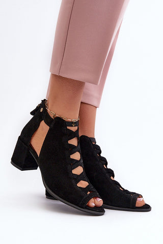 Step In Style Suede Strappy Block Heel Leather Sandals In Black