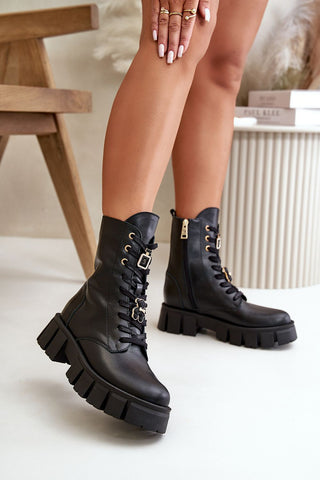 Step In Style Chunky Teddy Lace Up Leather Ankle Boots In Black