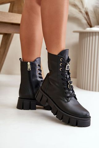 Step In Style Chunky Teddy Lace Up Leather Ankle Boots In Black