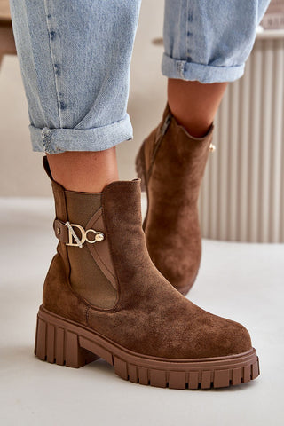 Step In Style Gold Buckle Suede Ankle Boots In Brown