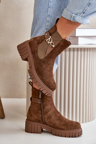 Step In Style Gold Buckle Suede Ankle Boots In Brown