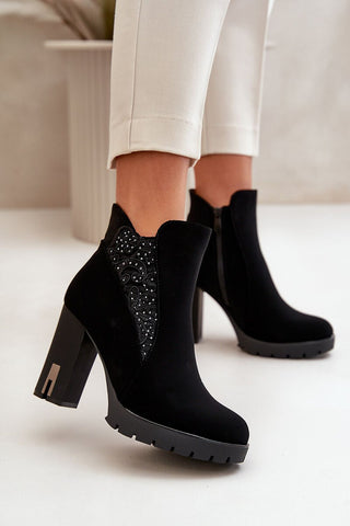 Step In Style Vegan Leather Rhinestone Insert Heeled Ankle Boots In Black