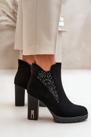 Step In Style Vegan Leather Rhinestone Insert Heeled Ankle Boots In Black