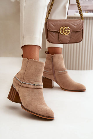 Step In Style Chain Accent Suede Heeled Booties