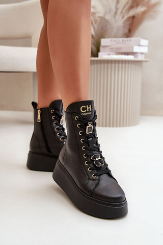 Step In Style Chebello Teddy Combat Leather Boots In Black