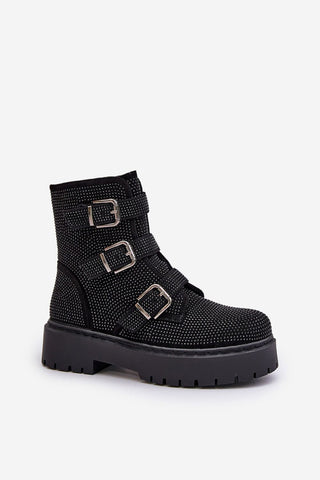 Step In Style Rhinestone Buckled Ankle Boots In Black