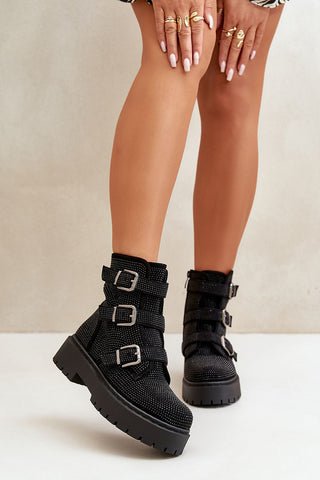 Step In Style Rhinestone Buckled Ankle Boots In Black