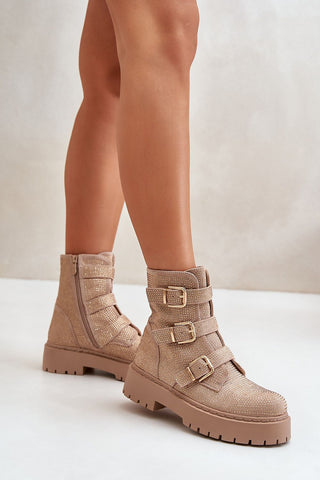 Step In Style Rhinestone Buckled Ankle Boots In Beige