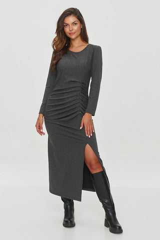 Makadamia Ruched Waist Side Slit Long Sleeve Maxi Dress