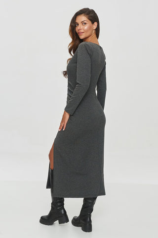 Makadamia Ruched Waist Side Slit Long Sleeve Maxi Dress