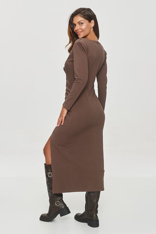 Makadamia Ruched Waist Side Slit Long Sleeve Maxi Dress