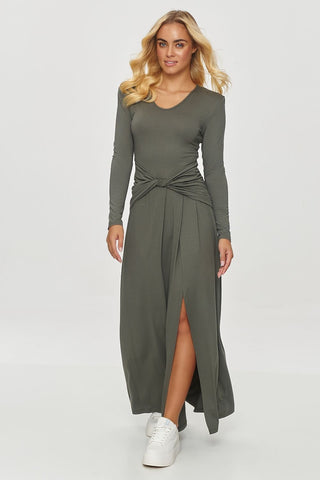 Makadamia Tied Waist Side Slit Long Sleeve Maxi Dress