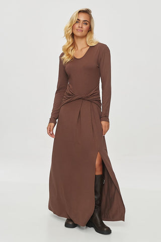 Makadamia Tied Waist Side Slit Long Sleeve Maxi Dress