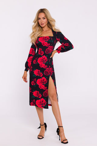 Moe Floral Square Neck Long Sleeve Midi Dress