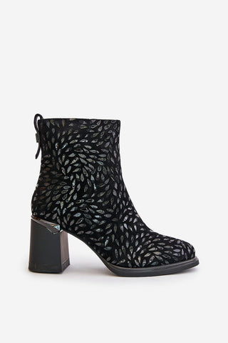 Step In Style Glimmer Leaf Leather Heeled Ankle Boots In Black