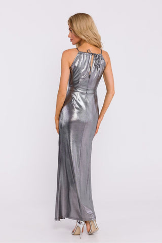 Moe Shine On Metallic Halter Neck Side Slit Maxi Dress