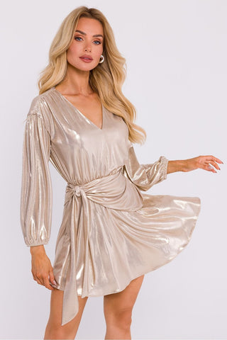 Moe Shine On Metallic Wrap Long Sleeve Mini Dress