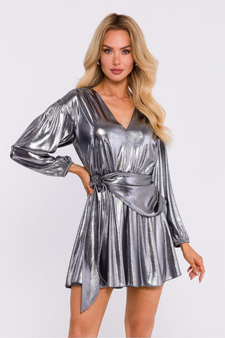 Moe Shine On Metallic Wrap Long Sleeve Mini Dress