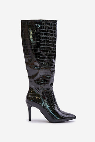 Step In Style High Shine Snakeskin Knee High Heeled Boots In Black