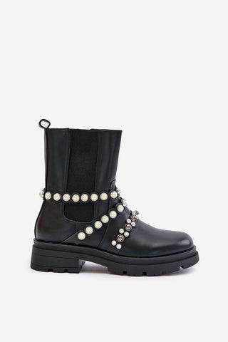 Step In Style Jodhpur Pearl Accent Ankle Boots In Black