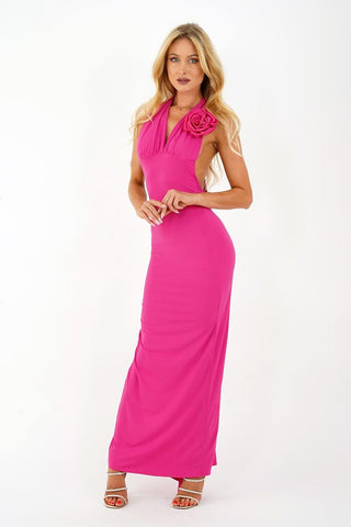 Yolo Look Flower Appliqué Halter Backless Maxi Dress