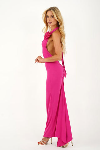 Yolo Look Flower Appliqué Halter Backless Maxi Dress