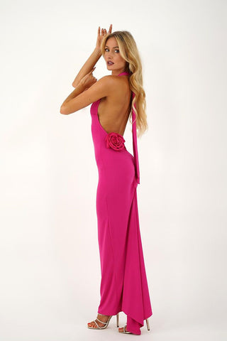 Yolo Look Flower Appliqué Halter Backless Maxi Dress