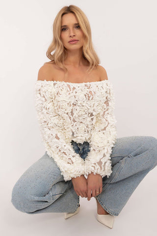 Italy Moda Textured Florals Off Shoulder Long Sleeve Top